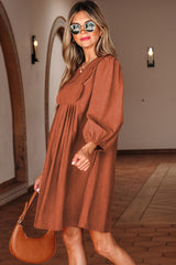 Moss Green Bracelet Sleeve Split Neck Scallop Detail Pleated Corduroy Mini Dress