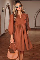 Moss Green Bracelet Sleeve Split Neck Scallop Detail Pleated Corduroy Mini Dress