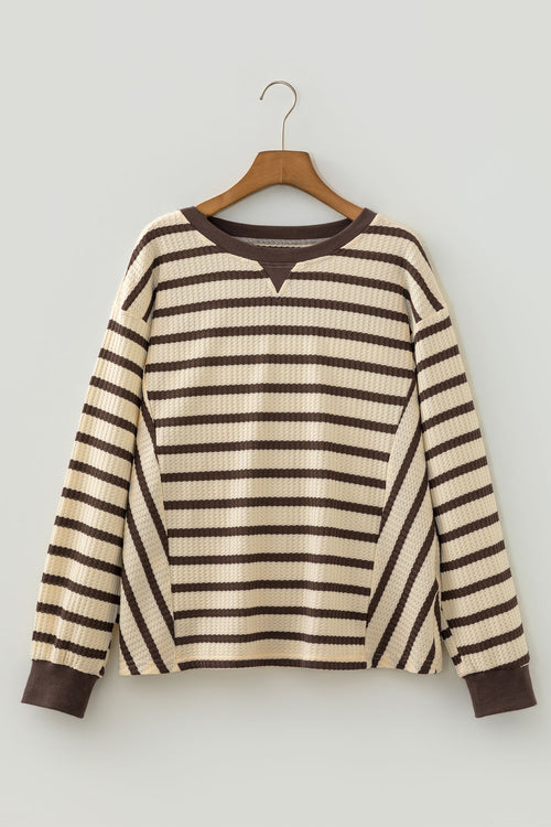 Brown Stripe Patchwork Ribbed Cuff Casual Pullover Sweatshirt