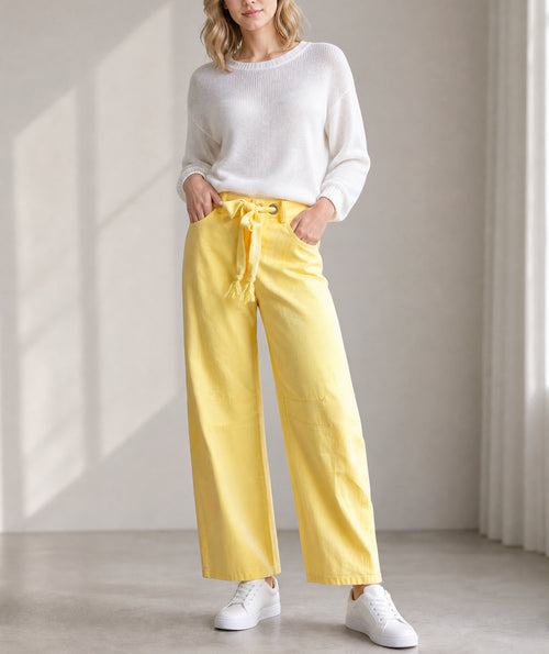 Yellow Solid Color Grommet Detail Knot Waist Barrel Jeans