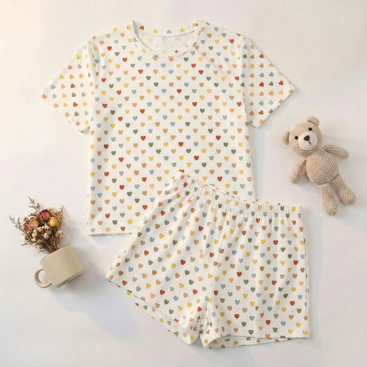 HUOHULI Pink Bow Heart Print Pajama Set - Main