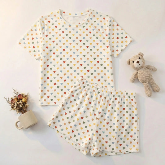 HUOHULI Pink Bow Heart Print Pajama Set - Main