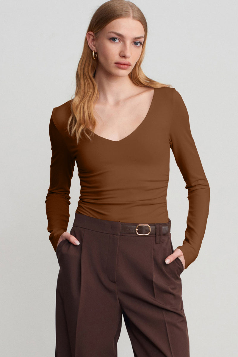 Black Slim Fit V Neck Long Sleeve Bra Buil-in Top