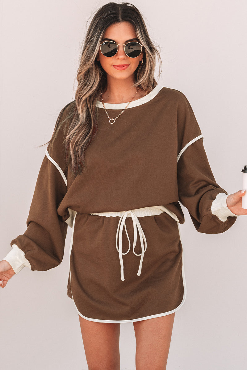 Black Color Contrast Loose Pullover and Lace-up Waist Skort Set