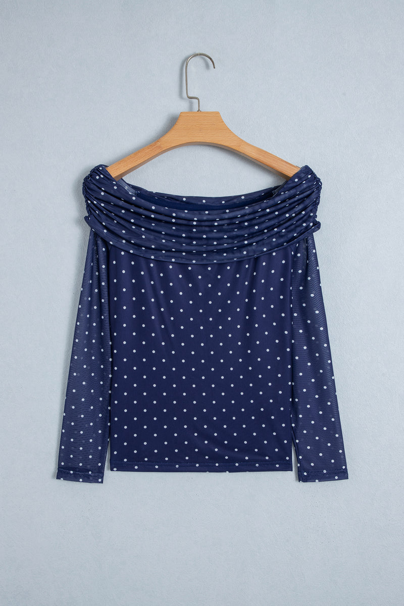 Blue Off Shoulder Polka Dot Mesh Long Sleeve Sheath Top
