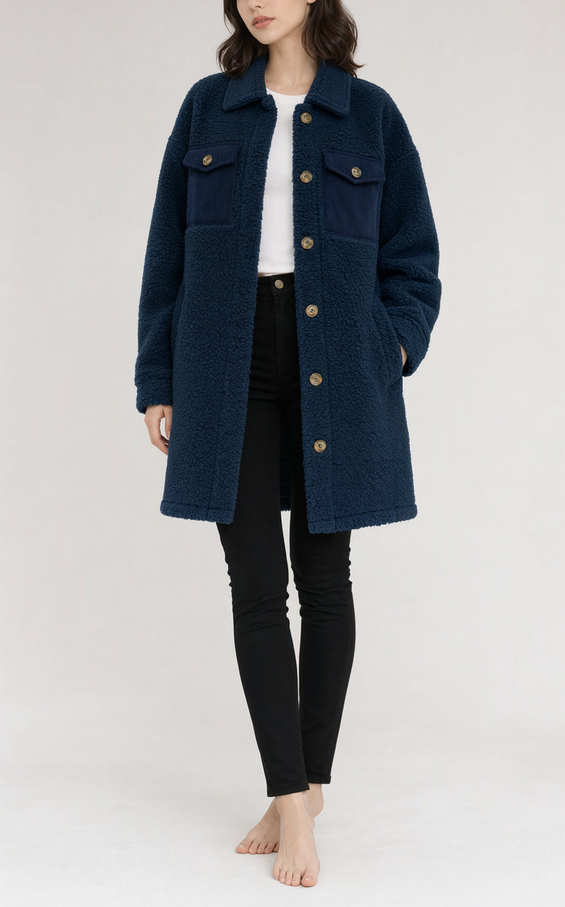 Beige Contrast Flap Pocket Single Breasted Teddy Coat