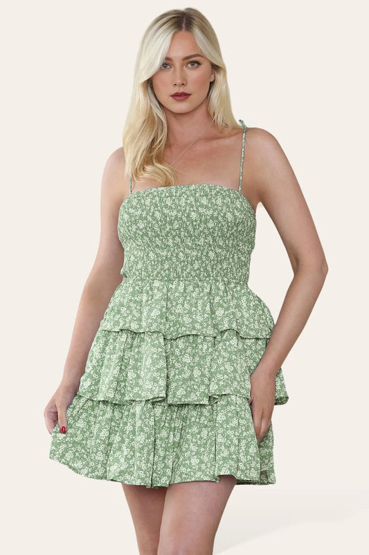 Boho Lovely Spaghetti Strap Floral Print Thin Waist Layered Mini Dress - Default
