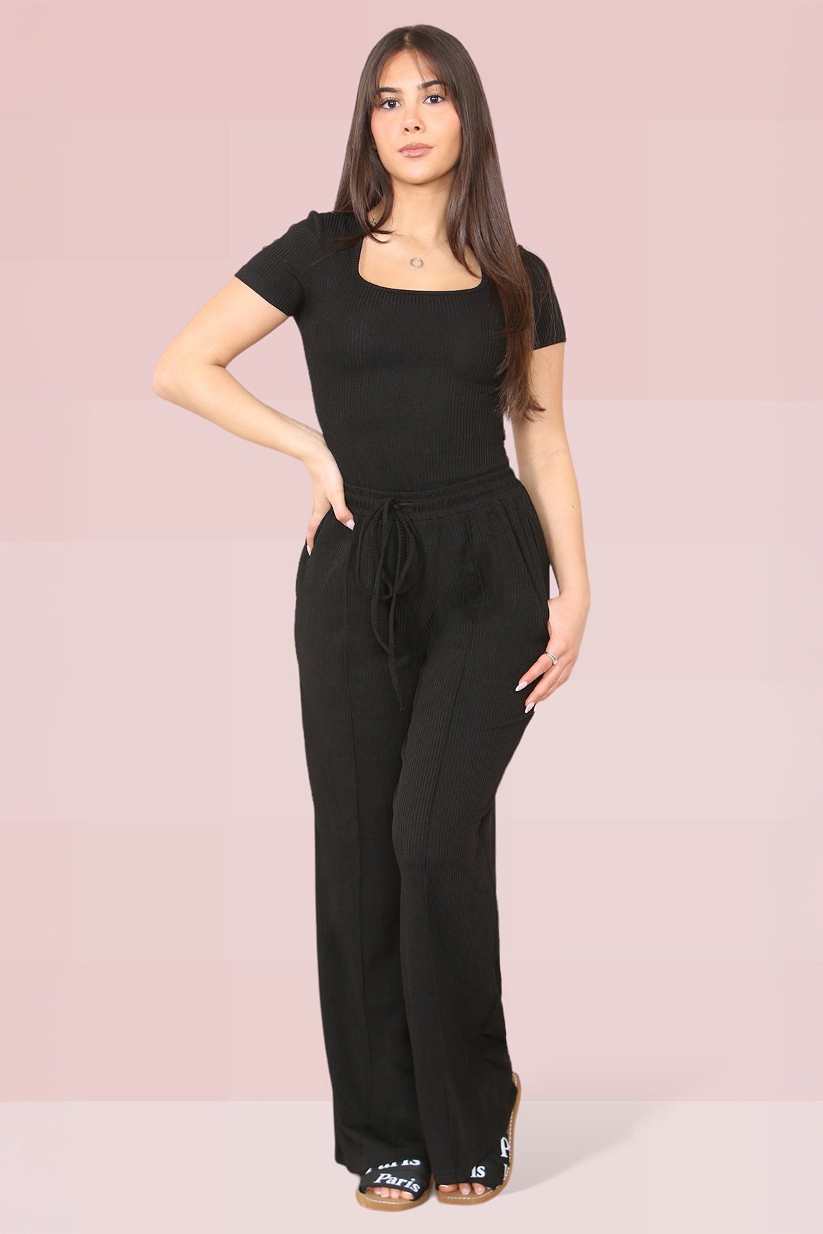 Trendy Square Neck Shaping Bodysuit & Wide Leg Trousers Co-ord - Black 2