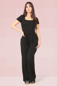 Trendy Square Neck Shaping Bodysuit & Wide Leg Trousers Co-ord - Black 2