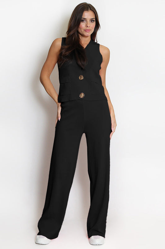 Minimalist Solid V-Neck Button Tank Top & Wide-Leg Trousers Co-ord - Black