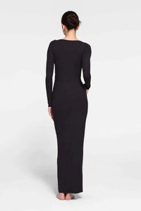 Elegant U Neck Lace Trim Button Through Slinky Maxi Dress - Black