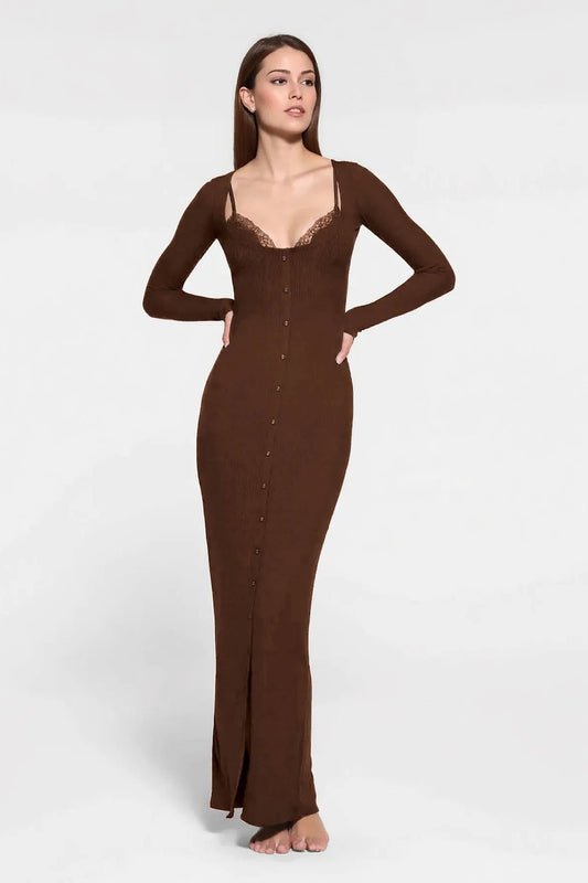 Elegant U Neck Lace Trim Button Through Slinky Maxi Dress - Black