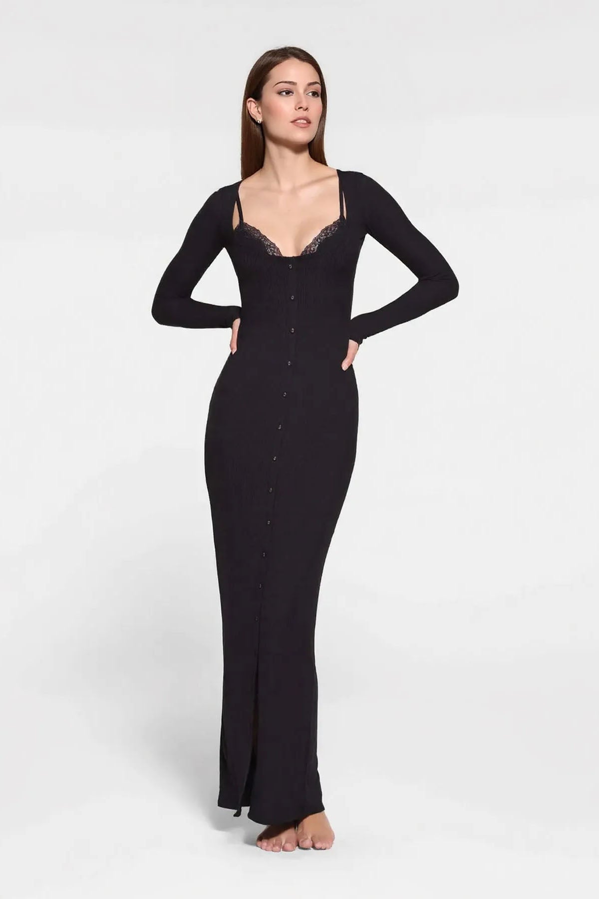 Elegant U Neck Lace Trim Button Through Slinky Maxi Dress - Black