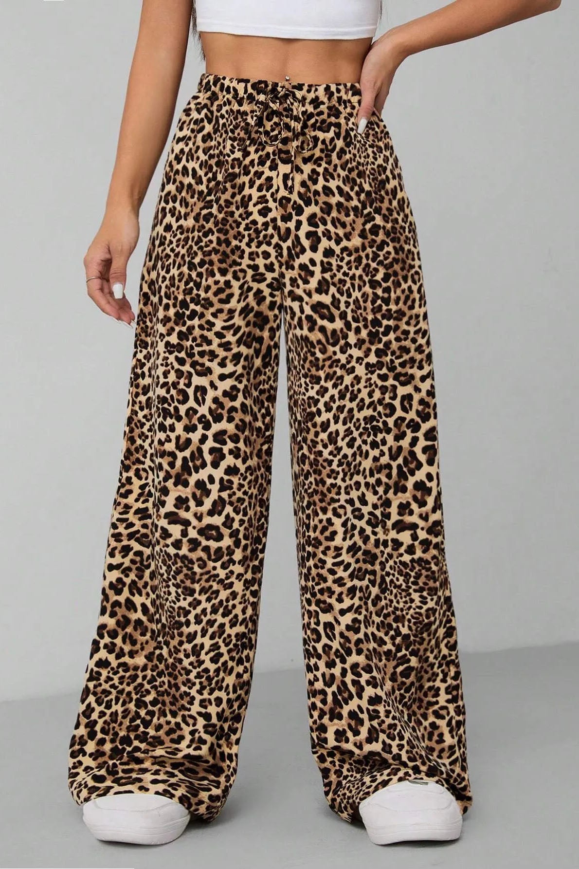 High Waist Leopard Print Drawstring Decor Wide Leg Trousers - YELLOWLEOPARDPRINT