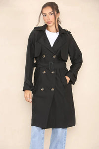 Classy Notch Lapel Double Breasted Belt Decor Trench Coat - Black