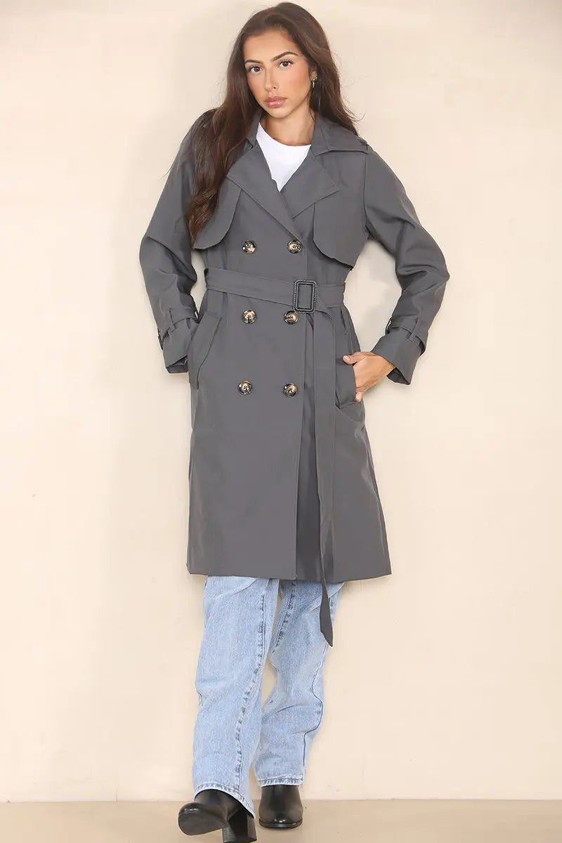 Classy Notch Lapel Double Breasted Belt Decor Trench Coat - Grey