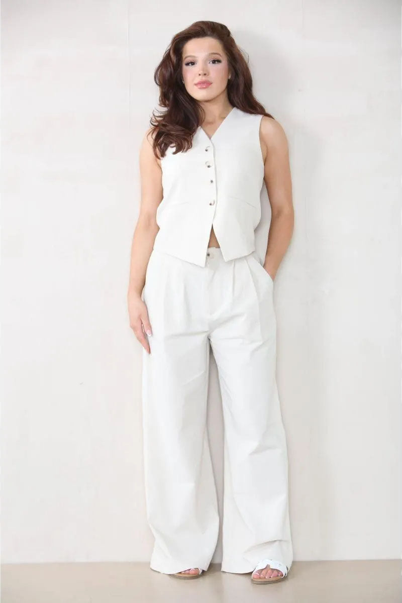 Commuter V Neck Sleeveless Button Top & Wide Leg Trousers Co-ord - White