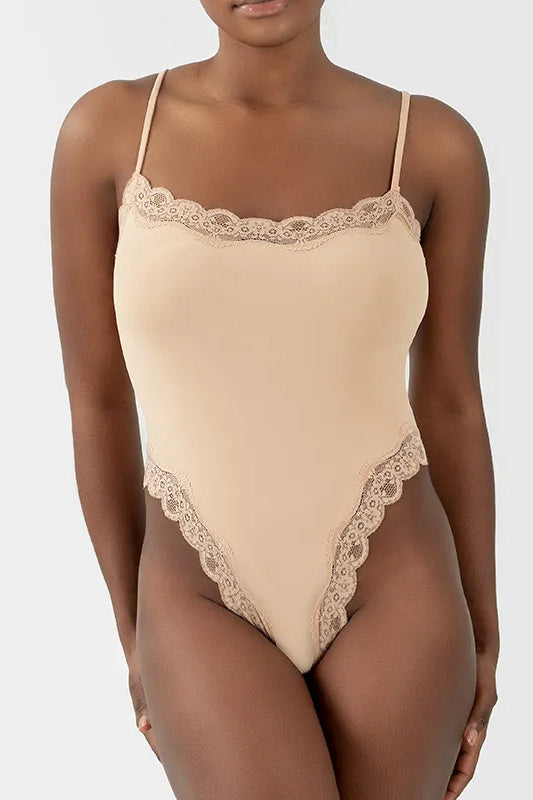 Sexy Solid Color Spaghetti Strap Lace Trim Stretch Bodysuit - PINK