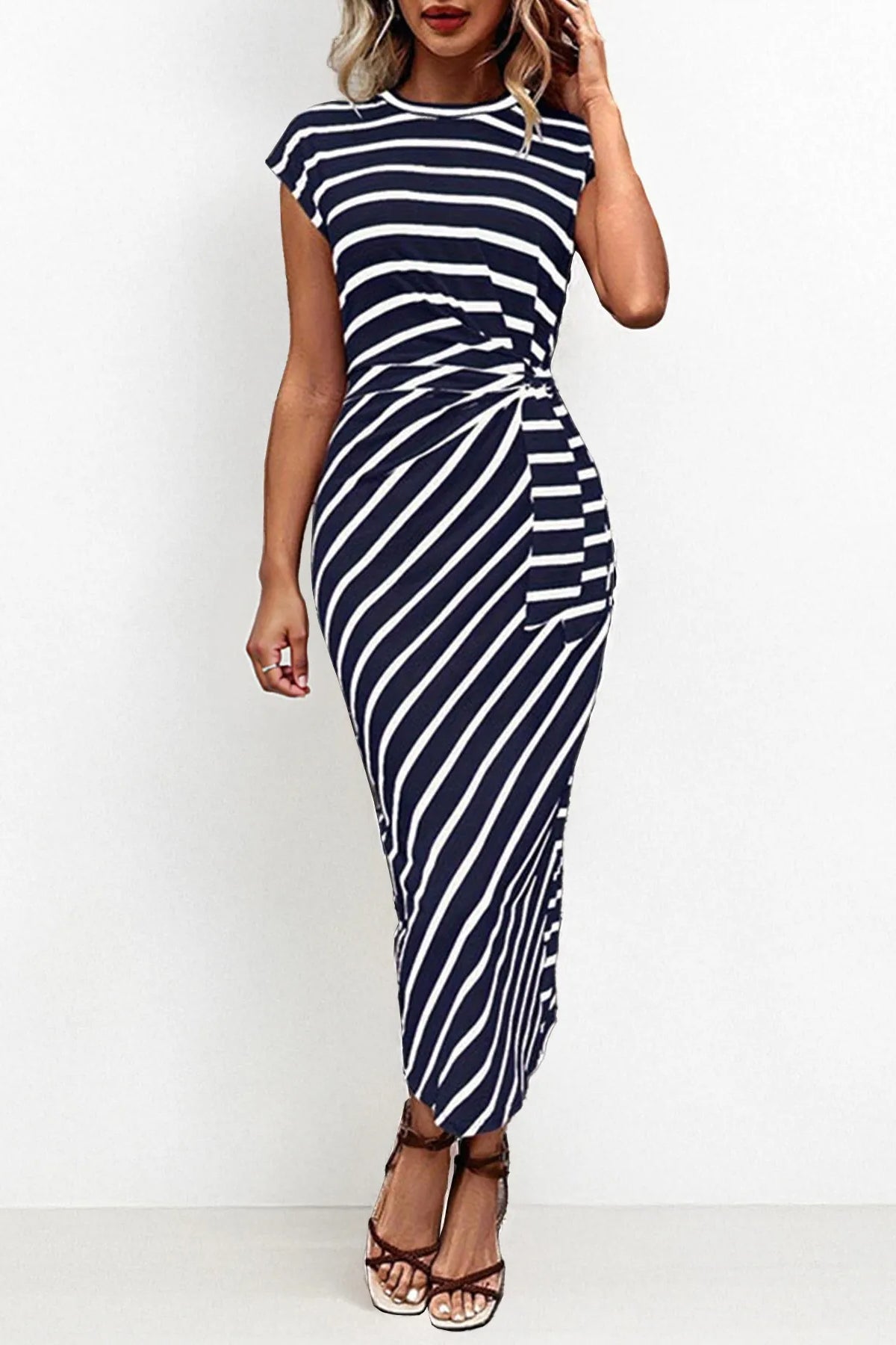 Summer Elegant Color Matching Stripe Knotted Slinky Maxi Dress - GERY