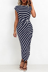 Summer Elegant Color Matching Stripe Knotted Slinky Maxi Dress - GERY