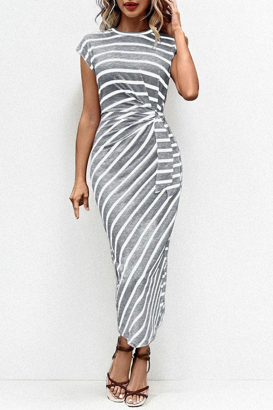 Summer Elegant Color Matching Stripe Knotted Slinky Maxi Dress - GERY