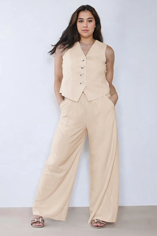 Summer Plain V-Neck Sleeveless Button Tank & Suiting Pants Co-ord - Beige