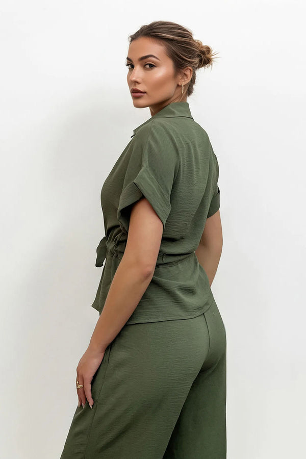 Versatile Collared Rolled-Up Short Sleeve Top & Wide Leg Trousers Co-ord - KHAKI