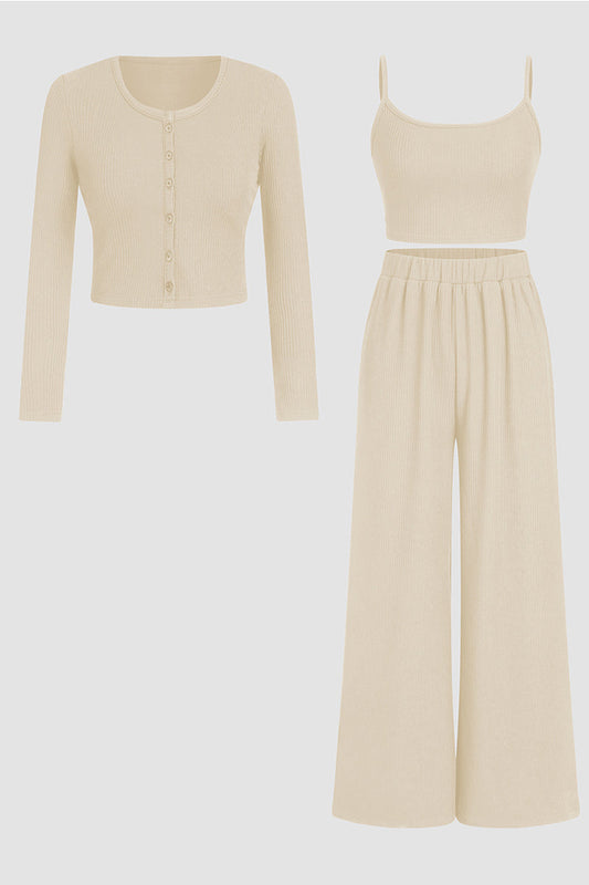 Minimalist Slim Camisole & High-Waist Trousers with Long-Sleeve Cardigan 3-Piece Set Co-ords - Beige