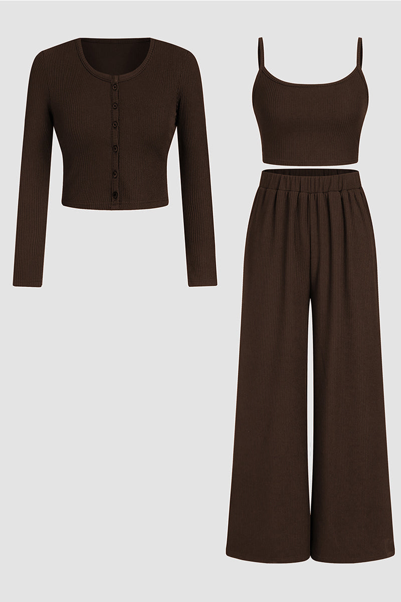 Minimalist Slim Camisole & High-Waist Trousers with Long-Sleeve Cardigan 3-Piece Set Co-ords - Brown
