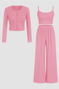 Minimalist Slim Camisole & High-Waist Trousers with Long-Sleeve Cardigan 3-Piece Set Co-ords - Pink