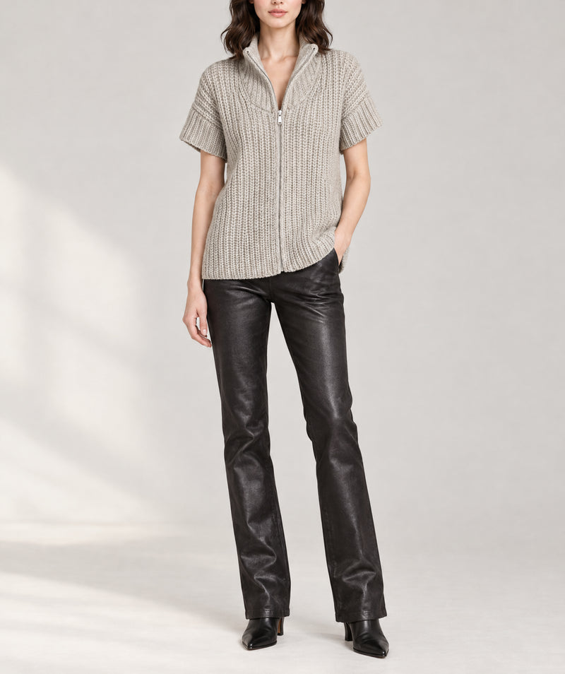 Cinnamon Solid Color Short Sleeve Zipper Knit High Neck Sweater