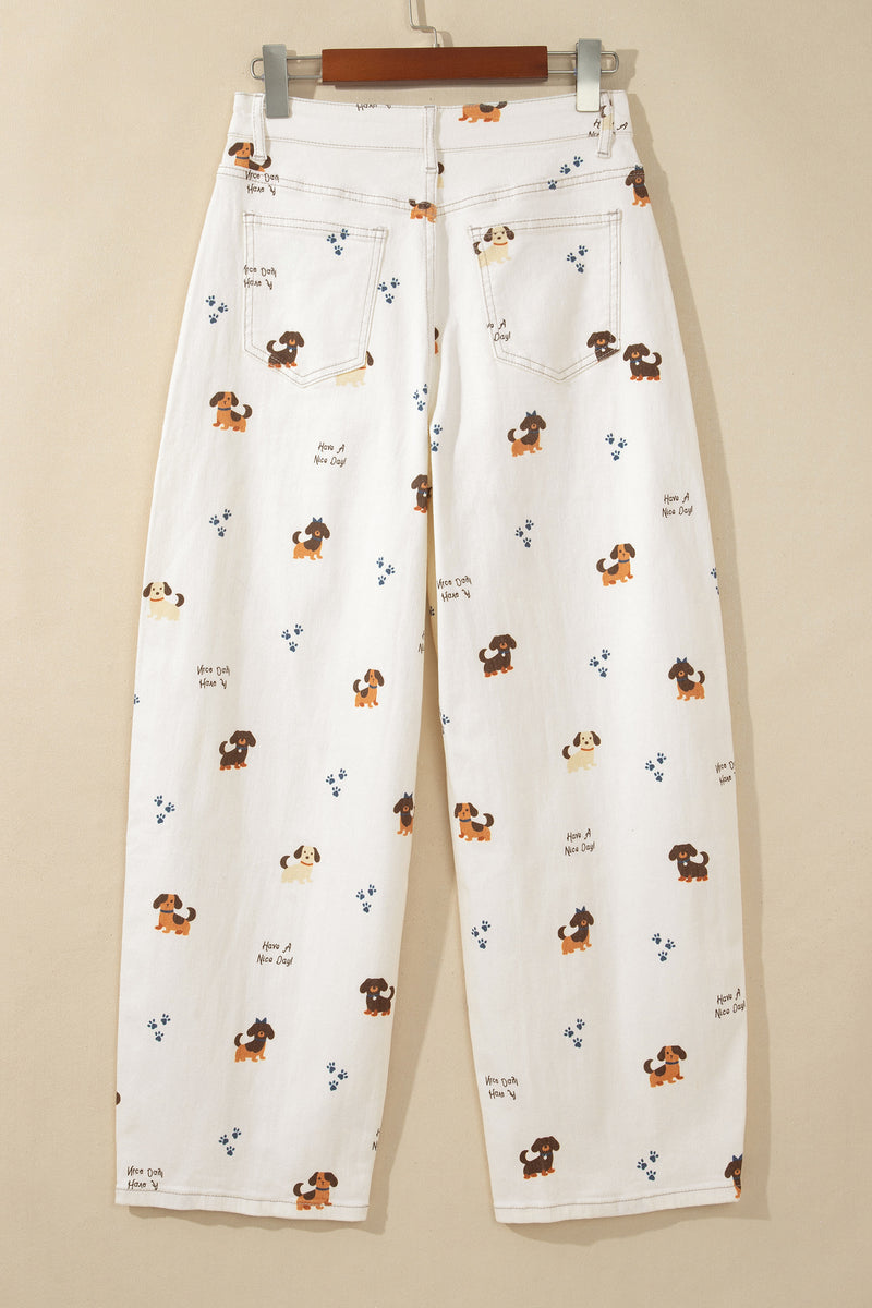 White Abstract Dog Print Wide Leg Full-Length Jeans