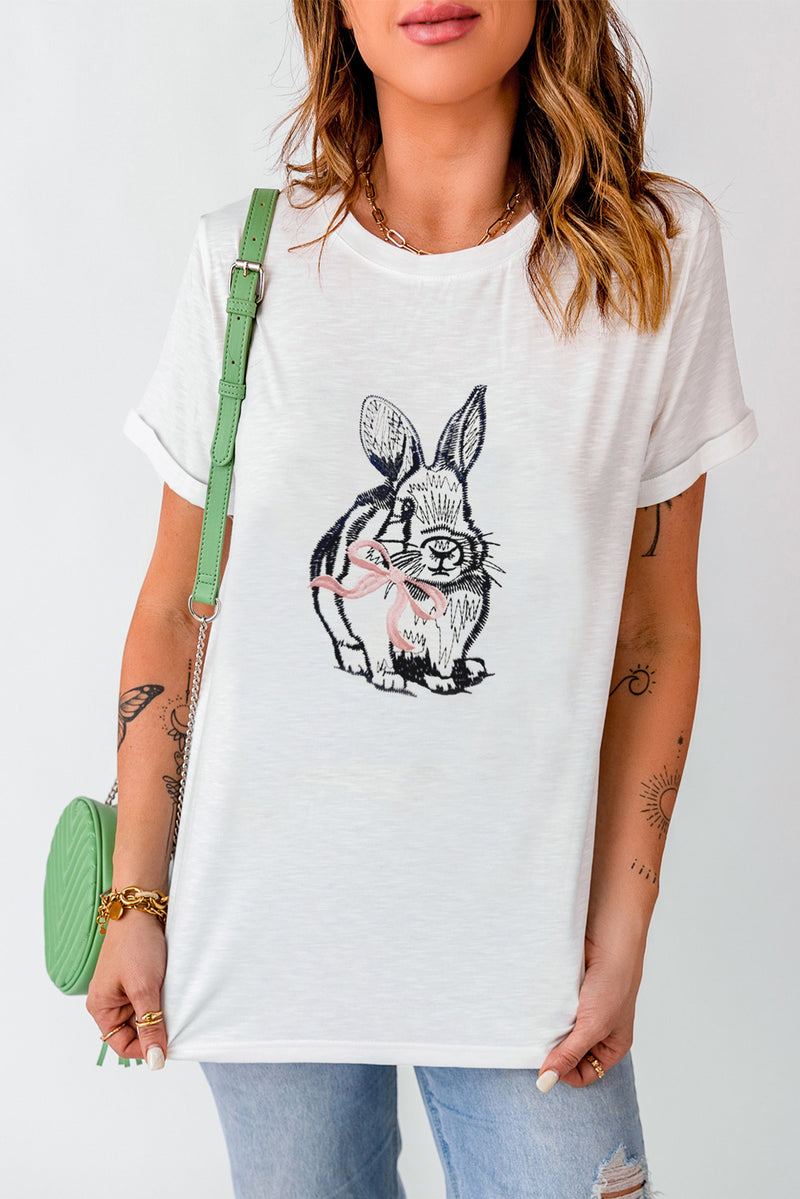 White Bunny Embroidered Bow Graphic Tee