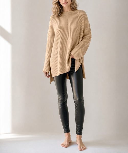 Apricot Cable Knit Drop Shoulder Side Slits Loose Sweater