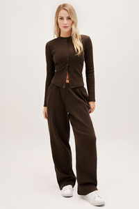 Minimalist Solid Button-Up Top & Wide-Leg Trousers Co-ord - Brown