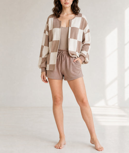 Khaki Checkerboard Plaid Long Sleeve Solid Color Shorts 2pcs Set