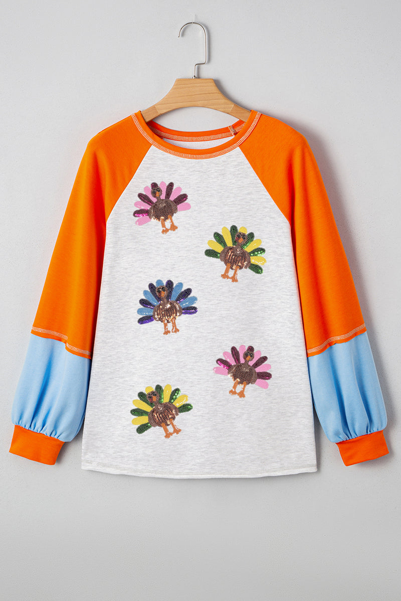 Light Grey Thanksgiving Turkey Sequin Graphic Color Block Long Raglan Sleeve Top