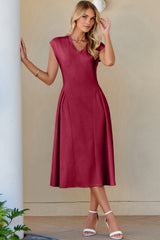 Red Dahlia Solid Color V Neck Pleated Flared Midi Dress
