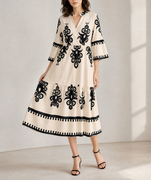 Beige Western Geometric Print 3/4 Sleeve Loose Midi Dress