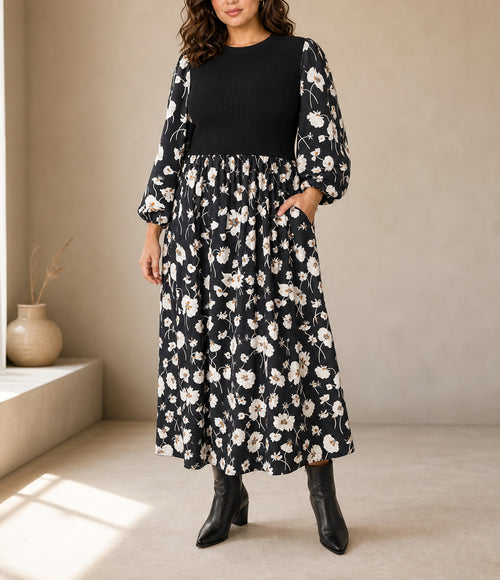 Black Floral Print Long Sleeve Round Neck Shift Plus Size Dress