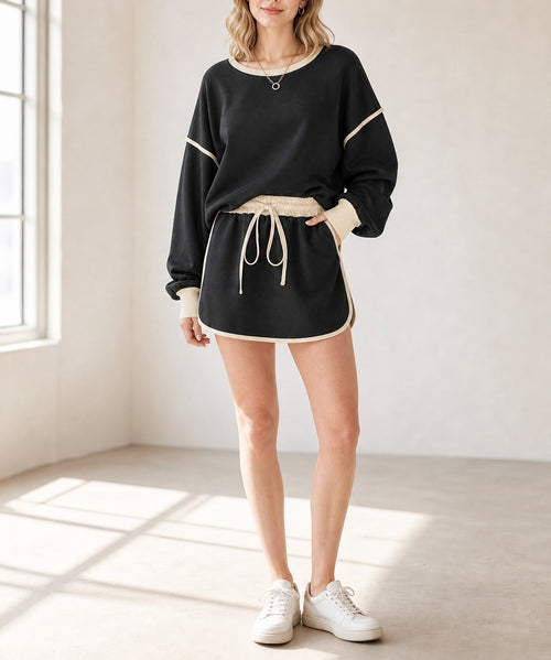 Black Color Contrast Loose Pullover and Lace-up Waist Skort Set