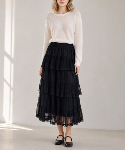 Black Elegant Ruffle Lace Tiered Skirt