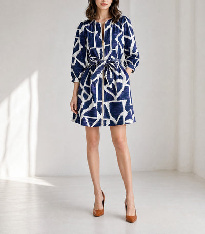 Blue Abstract Geometric Print Zip Front Tie Waist Shift Dress