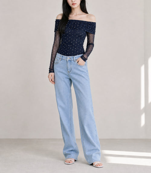 Blue Off Shoulder Polka Dot Mesh Long Sleeve Sheath Top