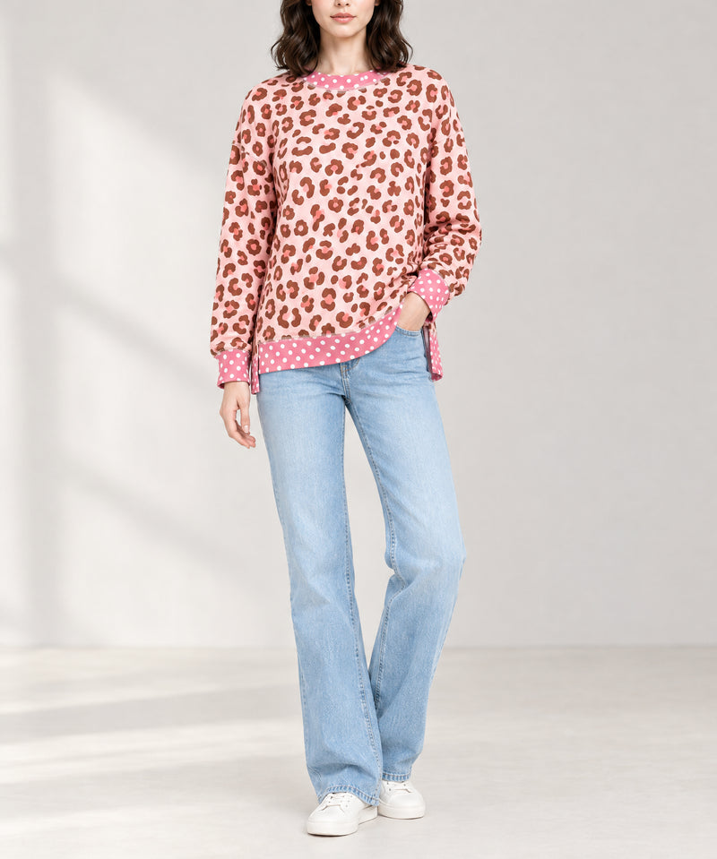 Khaki Leopard Polka Dot Colorblock Trim Long Sleeve Top