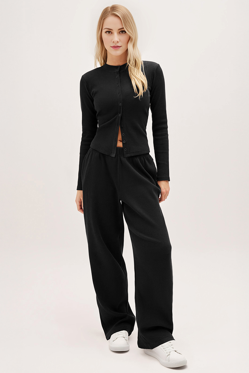 Minimalist Solid Button-Up Top & Wide-Leg Trousers Co-ord - Black