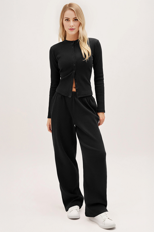 Minimalist Solid Button-Up Top & Wide-Leg Trousers Co-ord - Black