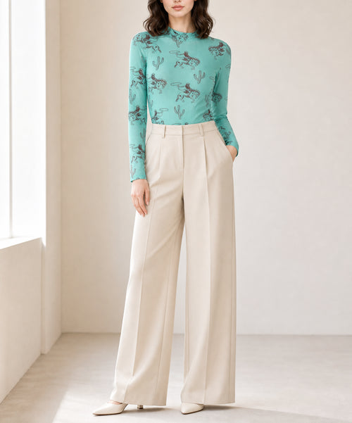 Aruba Blue Western Print High Neck Long Sleeve Sheath Mesh Top
