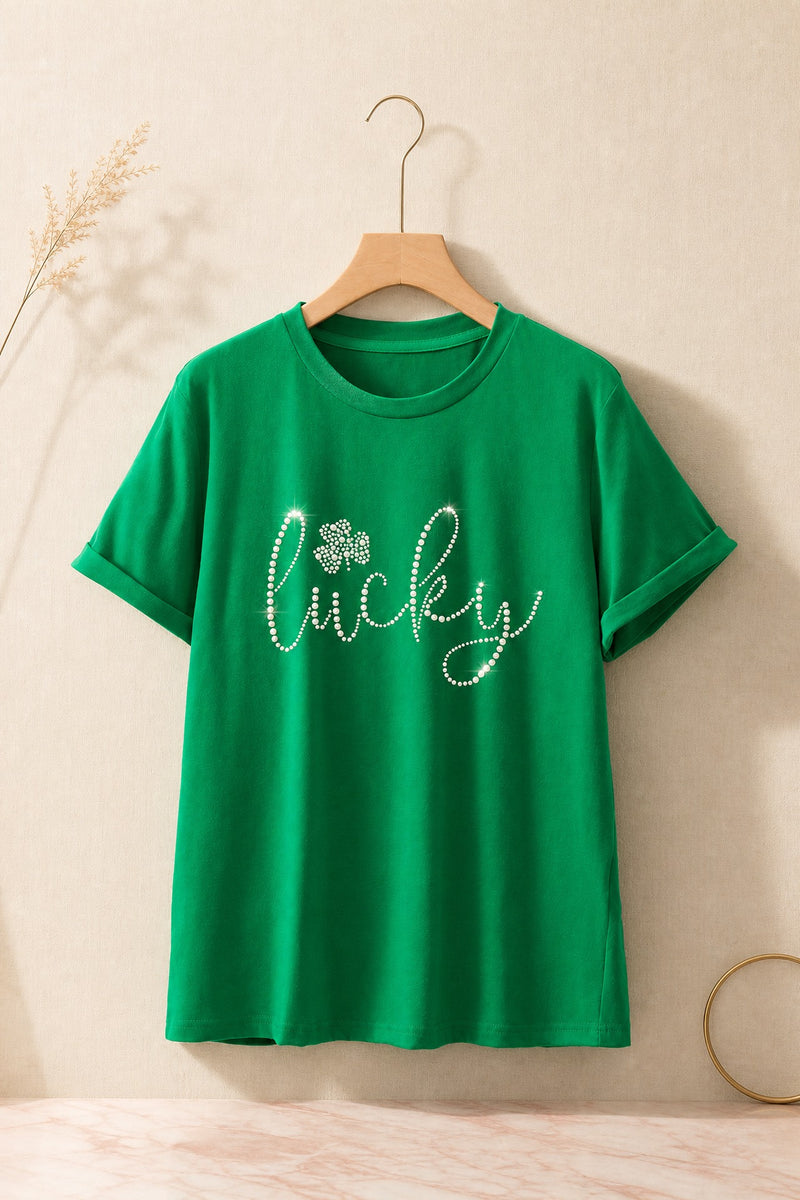 Bright Green Ceramic Rhinestone Lucky Clover Graphic Tee