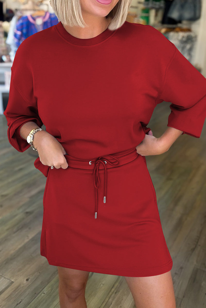 Jet Stream Solid Color Drop Shoulder Pullover Drawstring Mini Skirt 2pcs Outfit